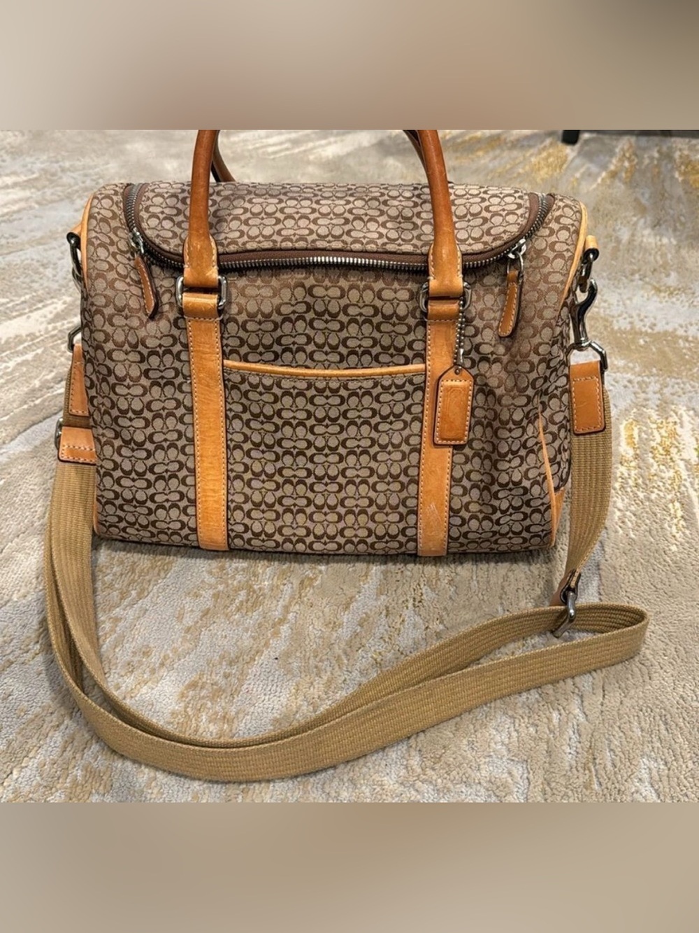 Coach Doctors Boston Bag Jacquard Canvas Leather Handle Travel Cosmetic Makeup
